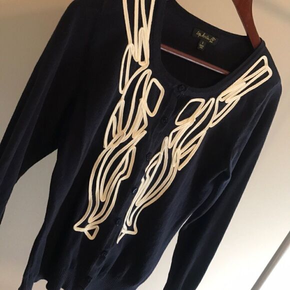 Top Knits Navy w White Ribbon Trim Cardigan - SM - Picture 1 of 7